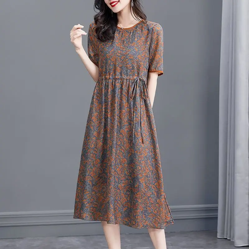 2023 New Summer Fashion Trend Art Retro Commuting Simple Round Neck Print Lace Up Waist Slim Holiday Relaxed Loose Fit Dress