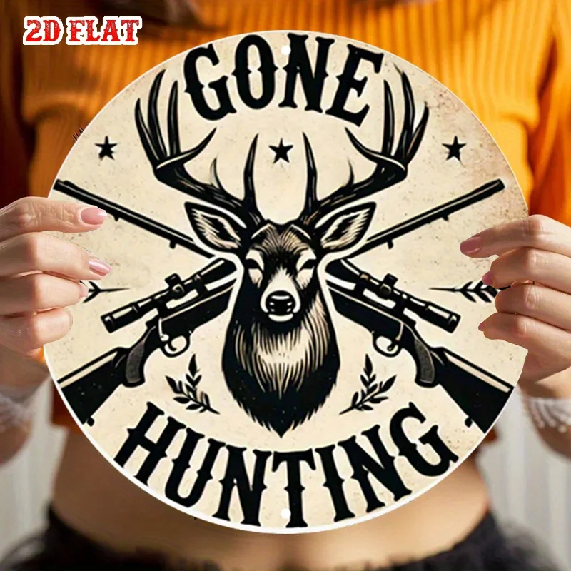 2D Flat, 1pc Vintage Hunting Lodge Round Metal Wall  Art Suitable for Home, Garage, Cabin, Lodge, Cafe
