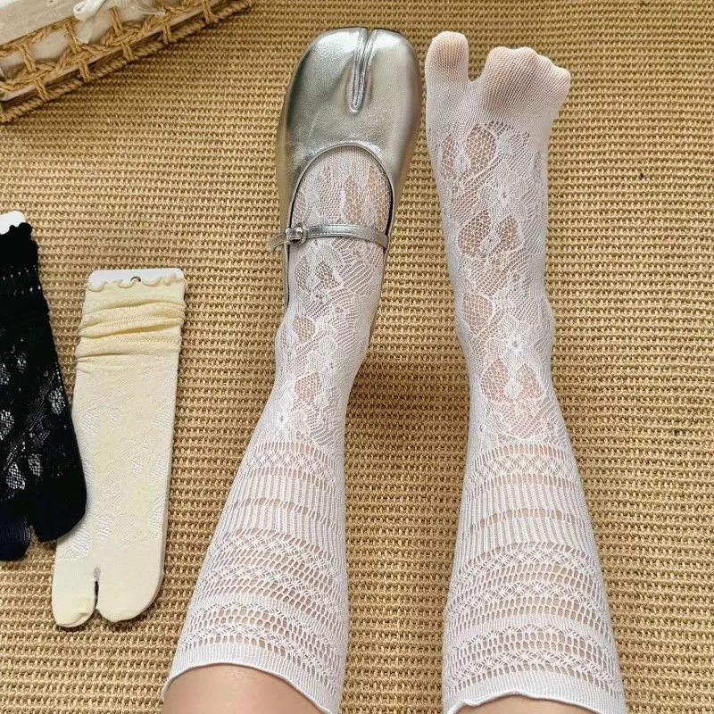 1 Paar Spitzen-Zehensocken für Damen, Sommer, dünn, ausgehöhlt, Netzstoff, Zehentrennsocken, hohe Röhre, Nylon, japanischer Stil, Cosplay Tabi Socken