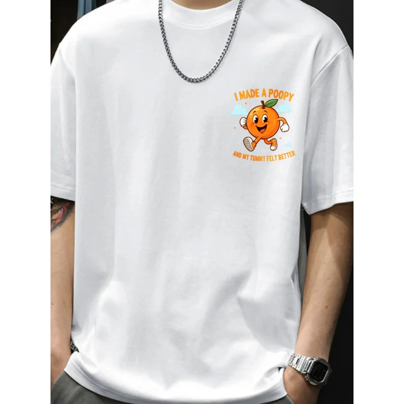 

Men's T-Shirt White I Made a Poopy and My Tummy Felt Better Orange Cartoon Print High Quality Cotton 180g