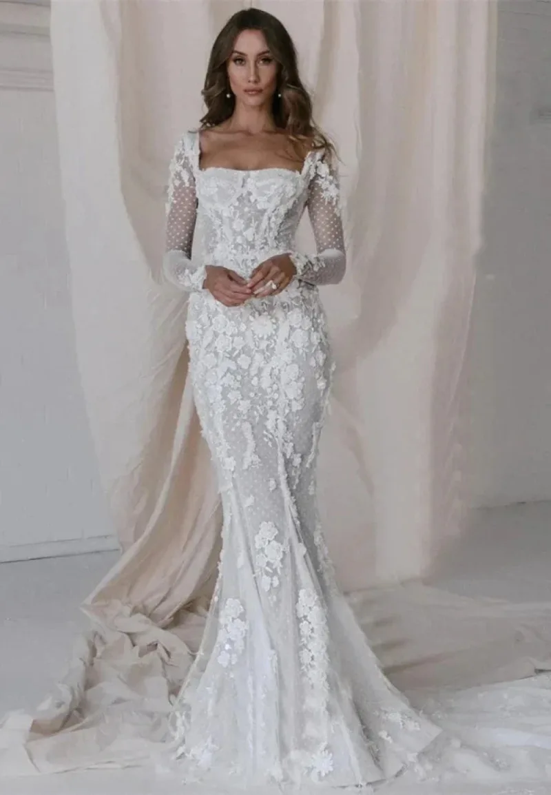 فساتين زفاف أنيقة برقبة مربعة وأكمام طويلة فساتين زفاف بدون ظهر مقاس كبير لـ Special Ocn Vestido De Novia