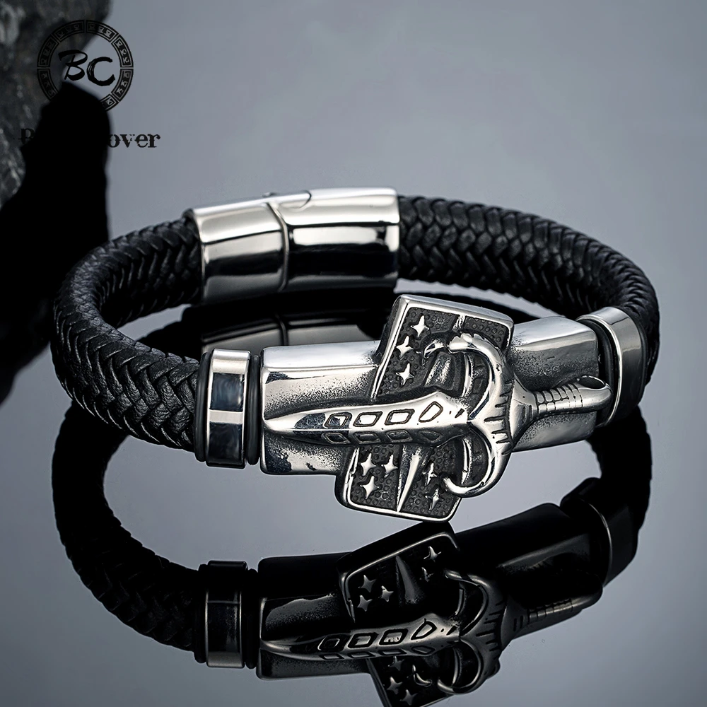 Mittelalterliches Ritterschwert-Kreuz Lederarmband für Männer Vintage Edelstahl Magnetverschluss Handgefertigter Armreif Nordischer Krieger Schmuck