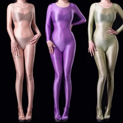 Womens Glossy  Bodysuit Sexy See through  One Piece Swimsuit Shiny transparent Tight Stocking