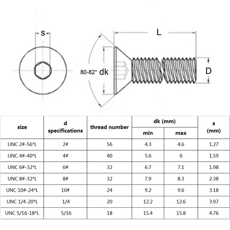 UNC 304 Stainless Steel Hex Hexagon Socket Flat Countersunk Head Screw Bolt 2#-56 4#-40 6#-32 8#-32 10#-24 1/4-20 5/16-18