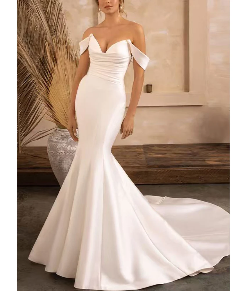 

Customized Graceful Satin Mermaid Off the Shoulder Buttons Evening Dress High QualityFloor Length فساتين سهرات