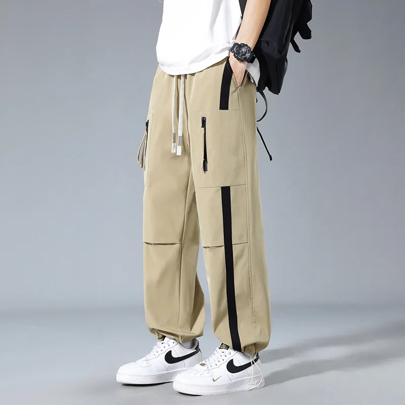 

Men's Spring Autumn Pockets Drawstring High Waisted Zippered Elastic Casual Wide Leg Contrast Color Cargo Sweatpants Pants