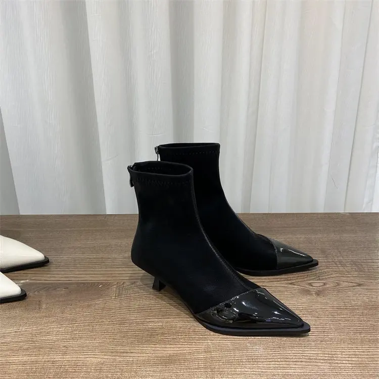 Damskie botki modne szpiczaste buty na niskim obcasie damskie eleganckie krótki but cienkie obcasy Chelsea Botas De Mujer 2023