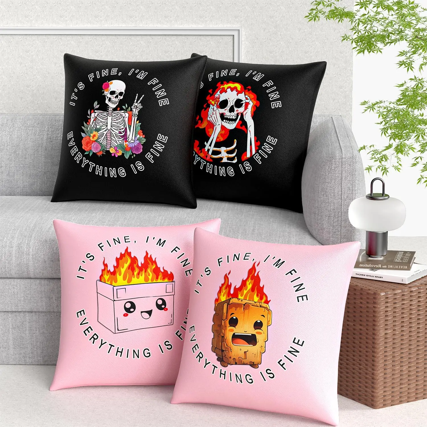 

4Pcs Funny Quote Throw Pillow Covers "It's Fine" Skeleton Fire Flower Cushion Cases for Living Room Bedroom Sofa Home Ornament