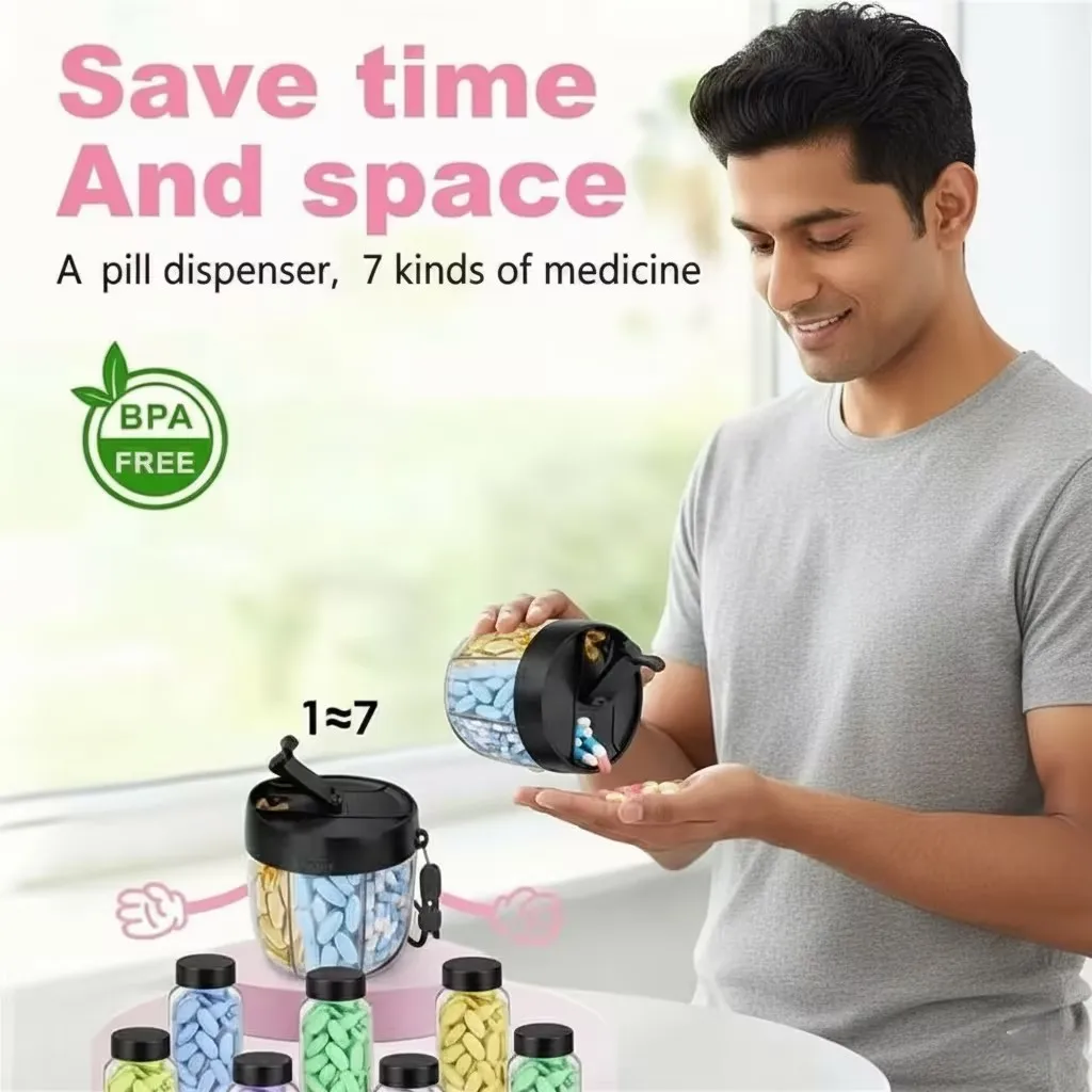 

1 шт., коробка-органайзер для лекарств большой емкости с 7 слотами, механизмом открытия в одно касание и защитой от проливания крышки
