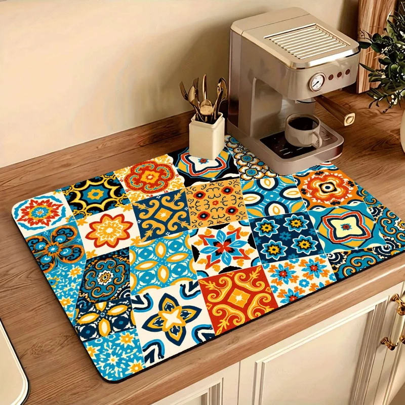 Bohemian Mosaic Tile Kitchen Drying Mat,Coffee Machine Counter,Sink Side Surface,Non Slip,Water Absorbent,Gift