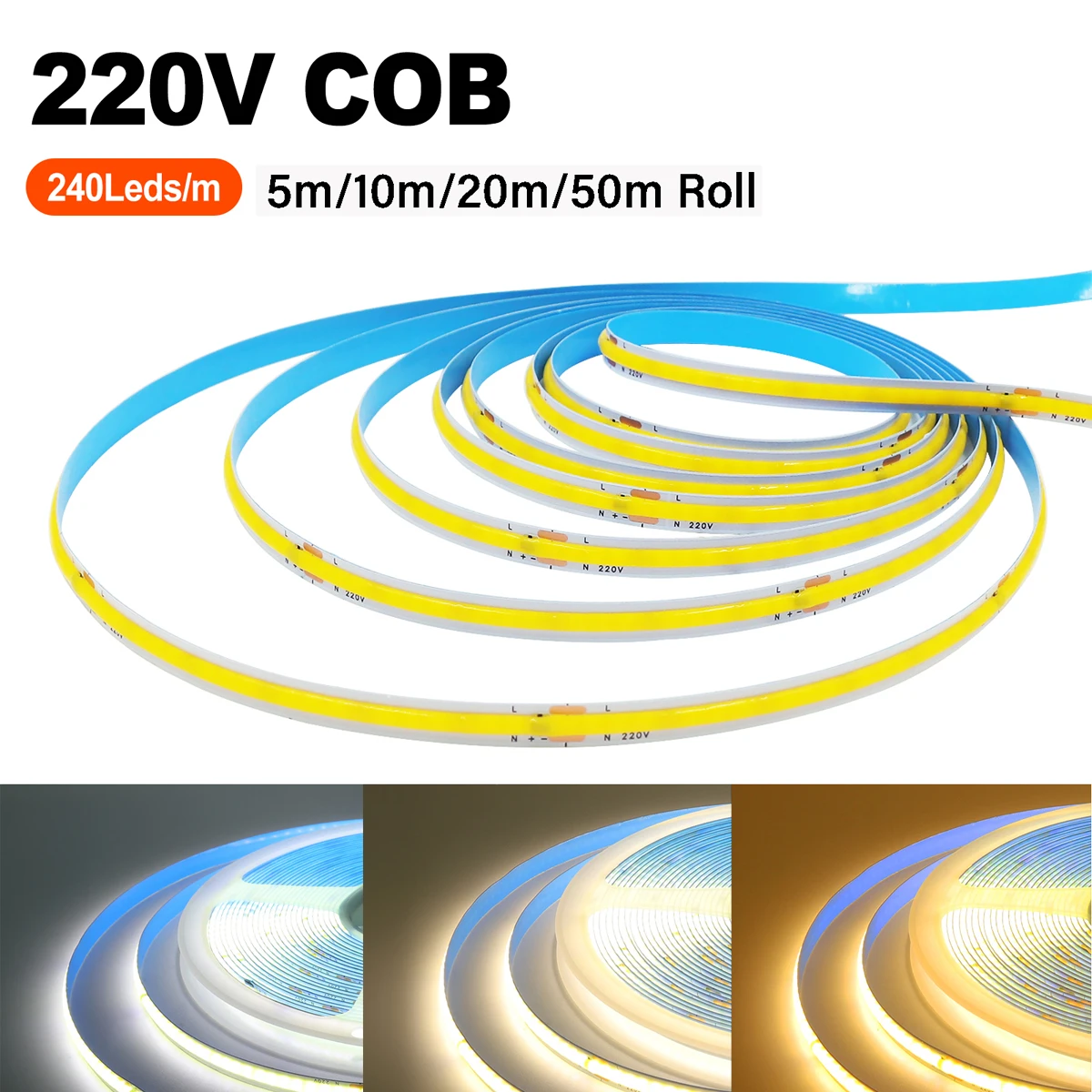 220V Flexible COB LED Strip Lights 240LEDs/m 5M 10M 15M 20M Roll Linear Dimmable High Density Diode Tape Light Home Decoration