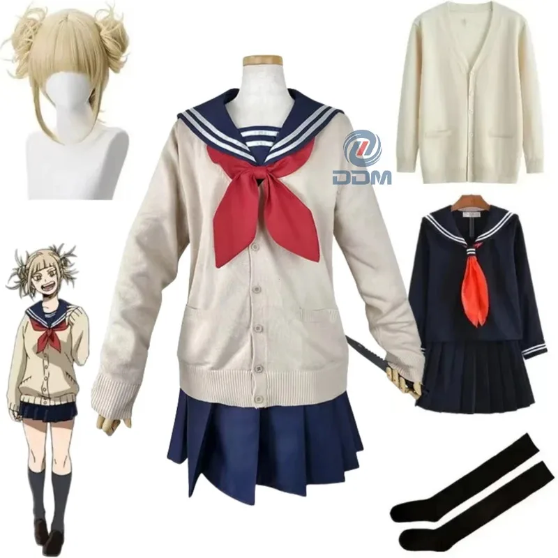 زي الهالوين التأثيري أنيمي Boku No Hero Academia Himiko Toga JK الزي الرسمي سترة معطف شعر مستعار كوستيومسا؛ 2'k,8;c'