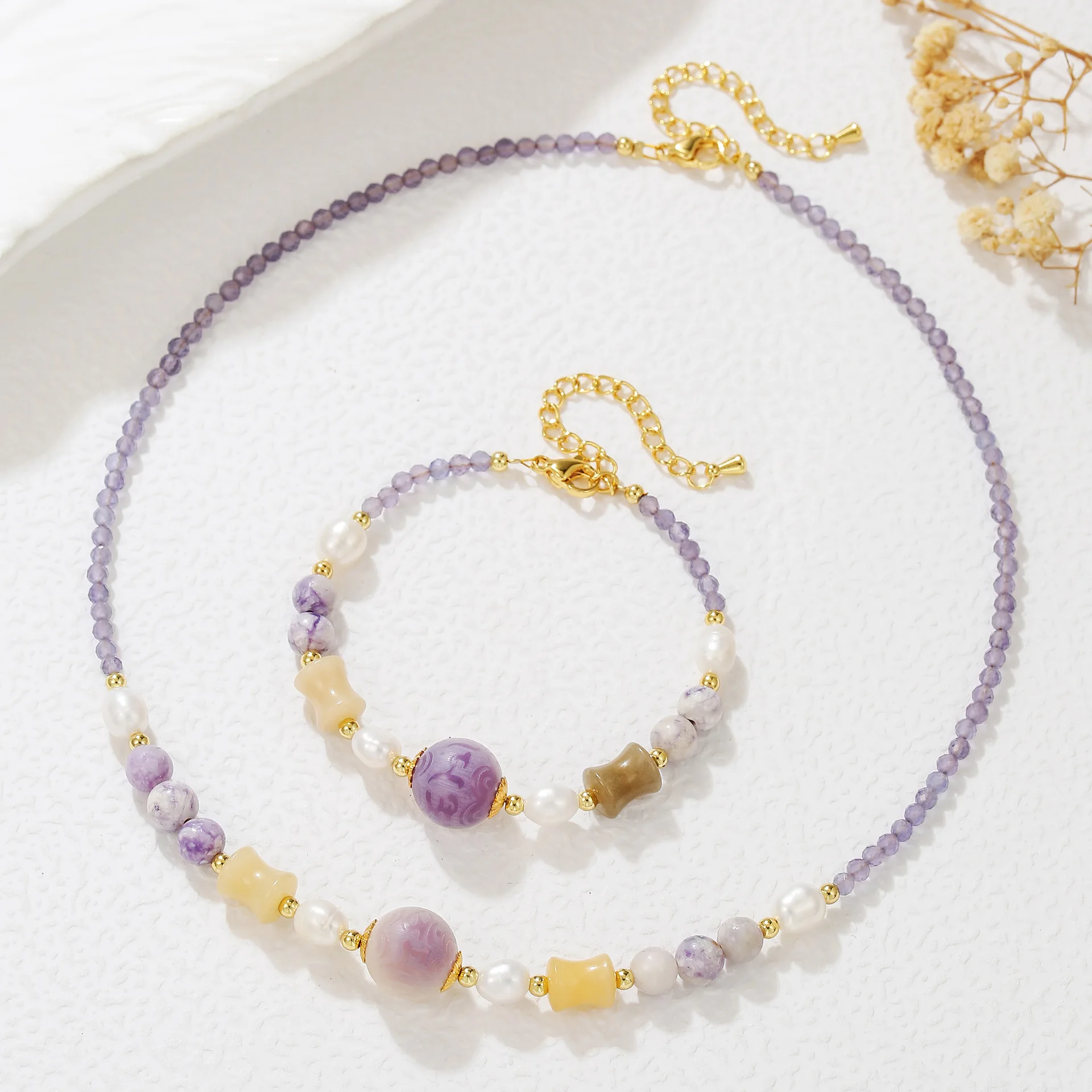 New Arrival Elegant Purple Crystal Beads Natural Freshwater Pearl 14K Gold Filled Lady Jewelry Sets Bracelet Necklace Gifts