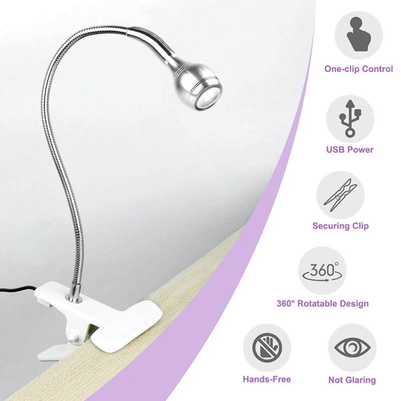 مصباح أظافر LED بالأشعة فوق البنفسجية - مصباح أظافر صغير LED جل X مصباح للأظافر مع مشبك تثبيت وإضاءة LED قابلة للدوران، فضي