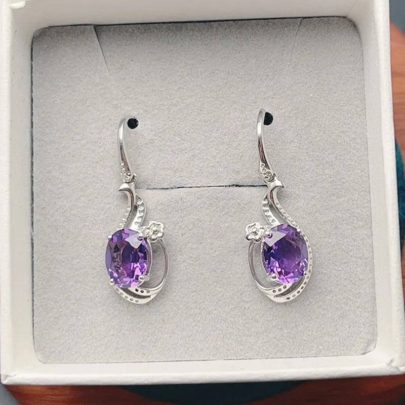 Sterling Silver Crystal Drop Earrings 7mm*9mm Natural Amethyst Earrings 925 Silver Jewelry with Certificate 18k Gold Plating
