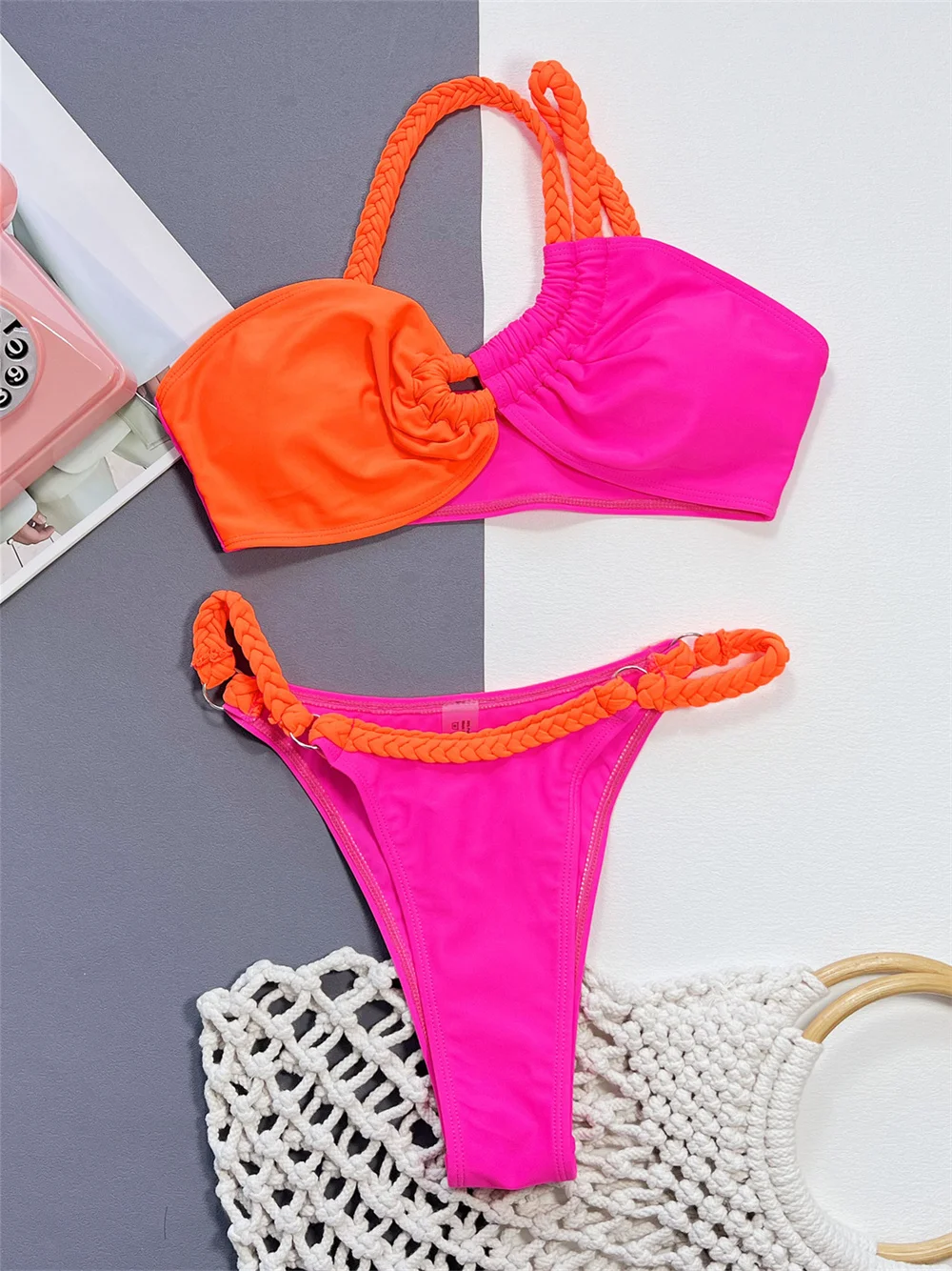 Contrast Color Bandeau Bikini Braided Rope Bandage Swimsuit Women Extreme Micro Thong Vacation Swimwear Beach Outfit Bather Suit