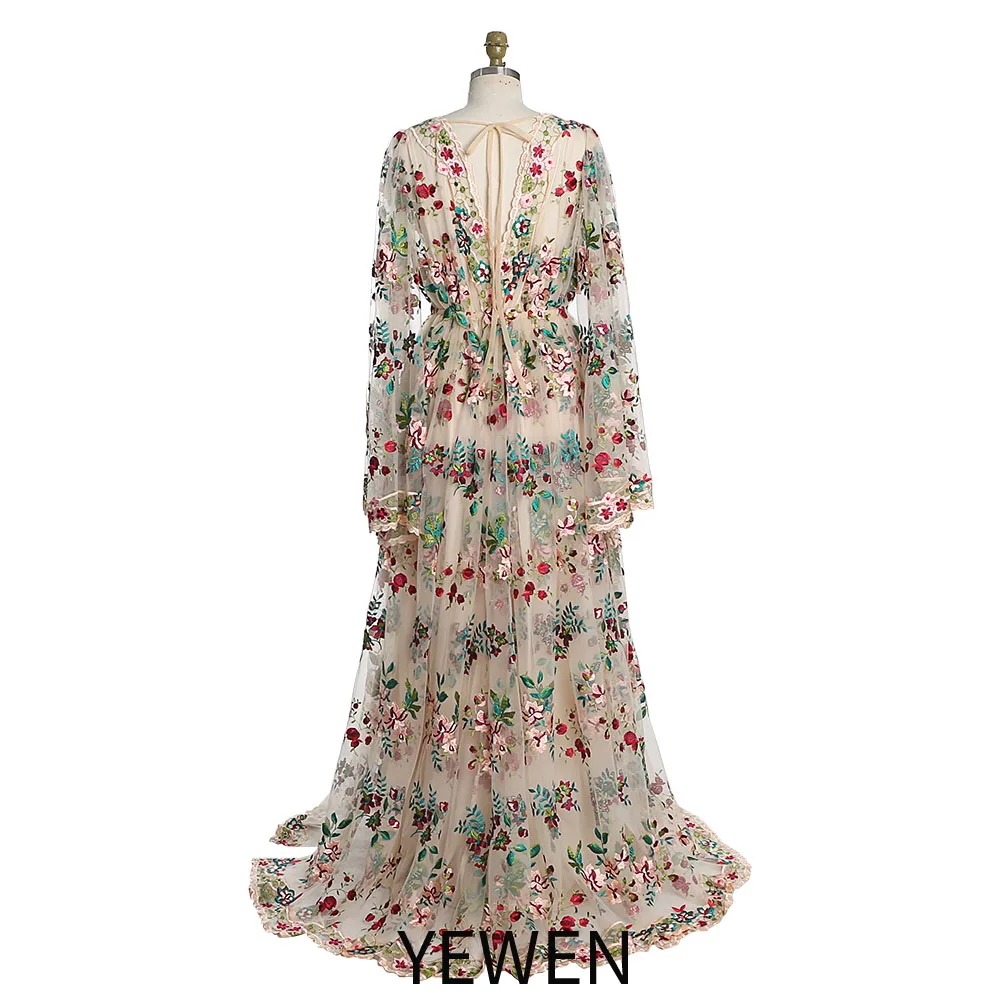 V-Ausschnitt, lange Ärmel, Blumenstickerei, Spitze, maßgeschneiderte Anlasskleider für besondere Anlässe, Kleid für schwangere Frauen YW231000