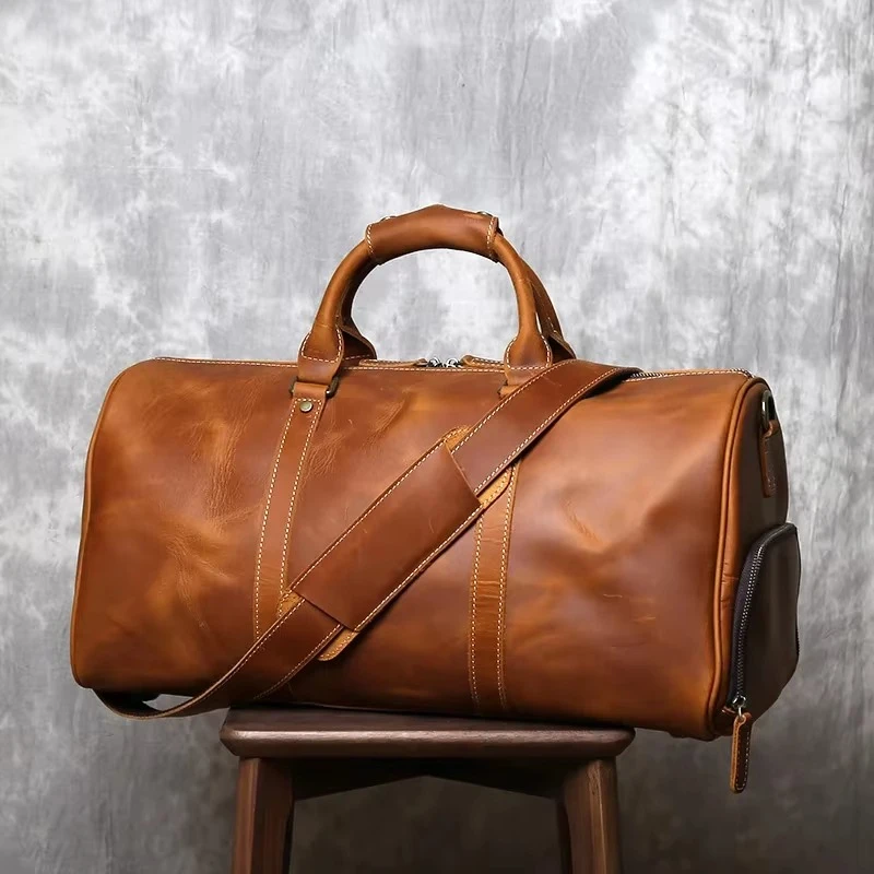 Large Leather Luggage Luxury Overnight Travel Luggage Supplier Handmade Cowhide Travel Bag Premium Weekend Travel Bag