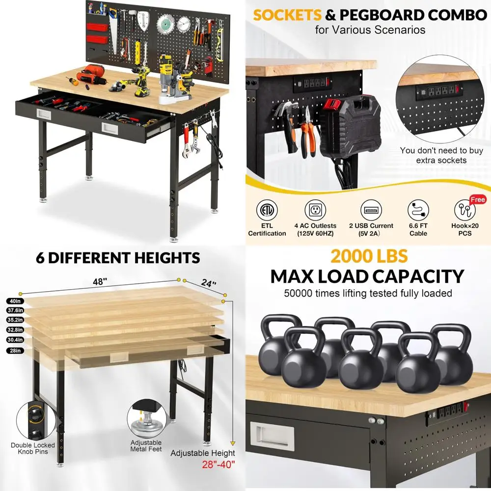 منضدة عمل جراج بارتفاع قابل للتعديل مع أدراج، سطح طاولة من الخشب المطاطي، لوح بيجبورد، منافذ طاقة، طاولة عمل شديدة التحمل