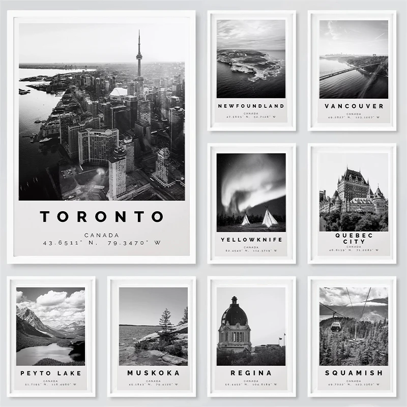 Real Photo of Canada Cities Traveling Poster Canvas Printing B&W Canada Travel Wall Decor Quebec Regina Edmonton Wall Decoration