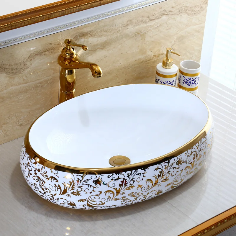 

Oval golden Europe style Jingdezhen Art Counter Top ceramic lavabo sink Bathroom sink washing chinese ceramic wash basin