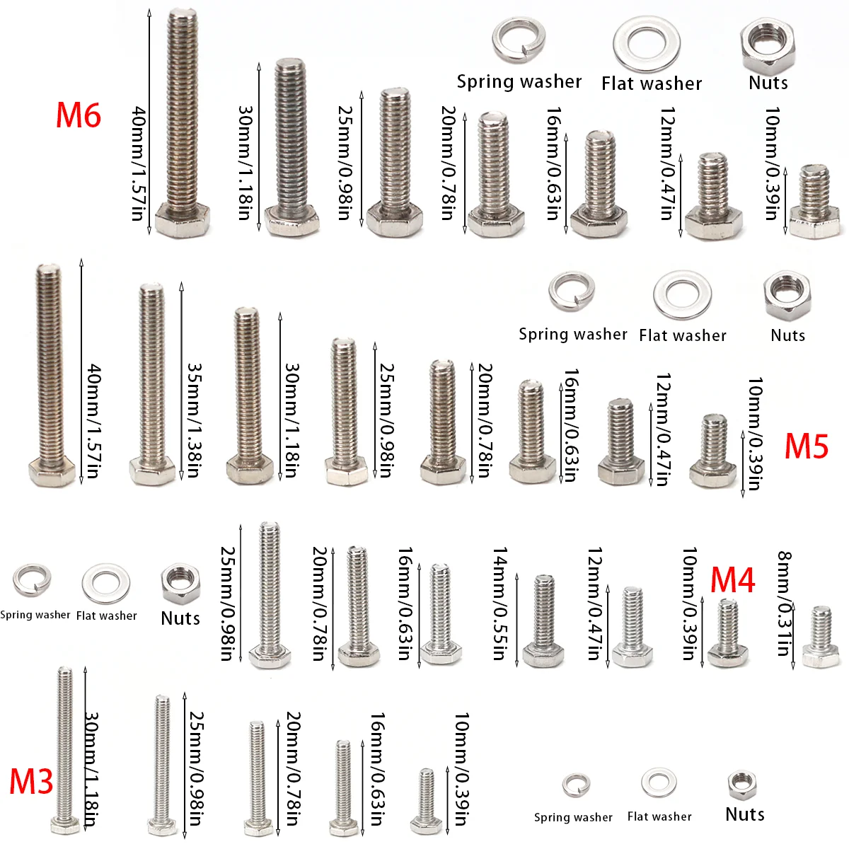 580 Stainless Steel Hex Head Bolts, with Nuts and Washers, Fully Threaded/DIN933/8.8/A2/A4 Marine Grade, Metric Coarse Thread.