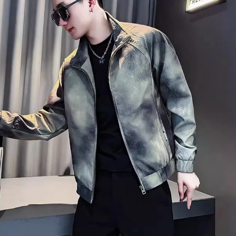 

Autumn Fashion Tie Dye Bomber Jacket for Men Flip Collar Zipper Windproof Casual Jacket Street Wear Loose Coats Men's Clothing
