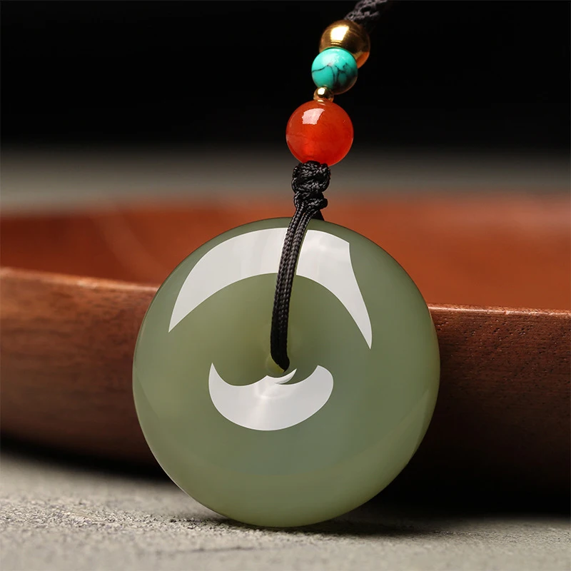 Natural Hetian Green Large and Small Peace Pendants Men's Necklace Jade Ornaments