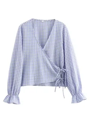 KAOPU ZA Women with ties check wrap blouse vintage v-neck long sleeves female blouses chic top