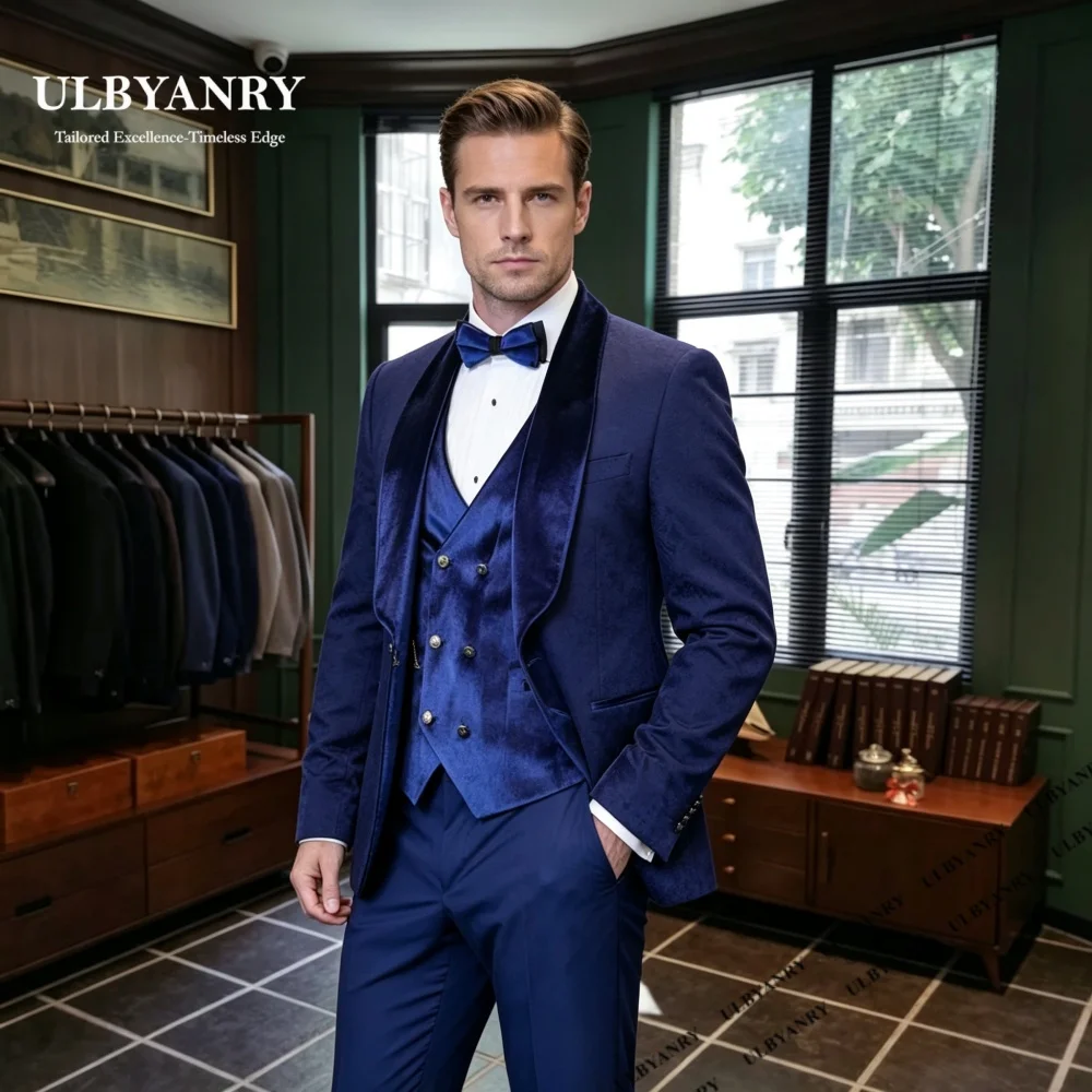 Classic Blue Three Pieces Suit Set for Men Formal Patchwork Tuxedo Dinner Evening Prom Suit Attire Jacket Vest Pants Customized