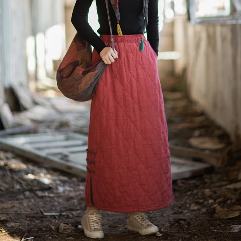 厚手の暖かい綿麻カジュアルスカート レディース 新作 2025 秋 ヴィンテージスタイル 無地 女性用 キルティングロングスカート M2076