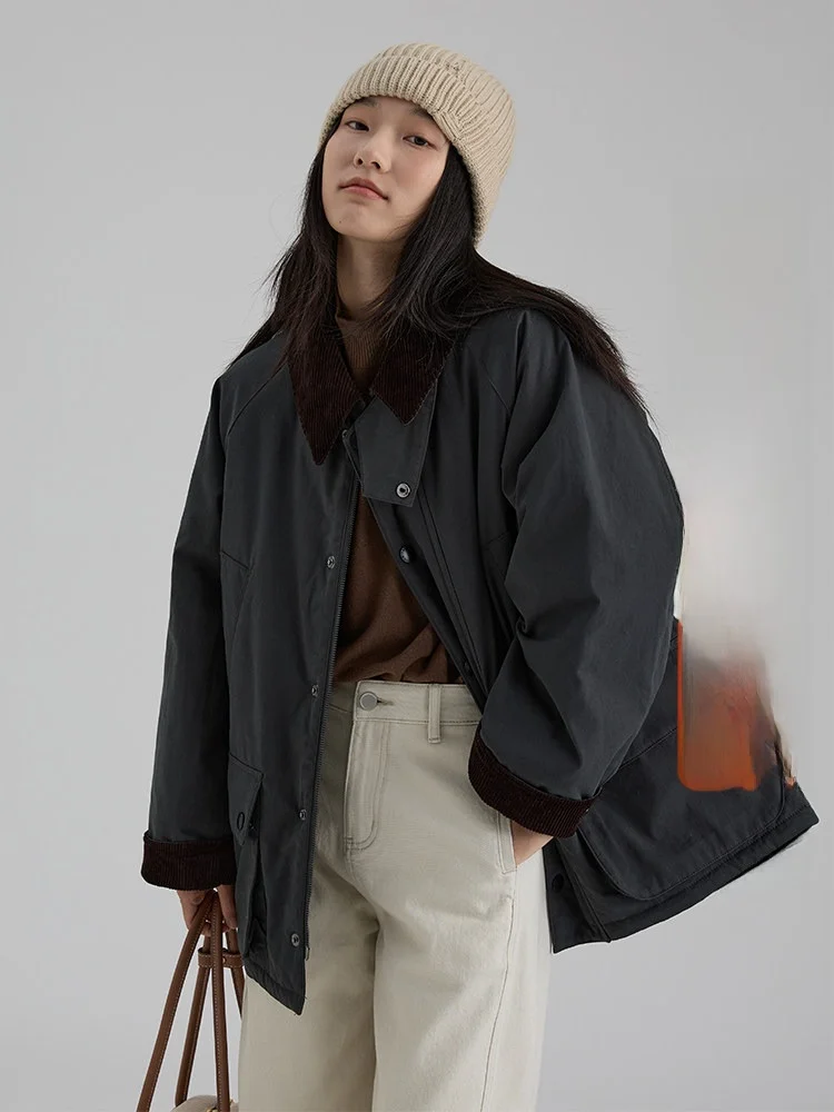 

Dwind2025 Новая осенне-зимняя женская укороченная хлопковая куртка с 3D-карманами и отложным воротником в корейском стиле