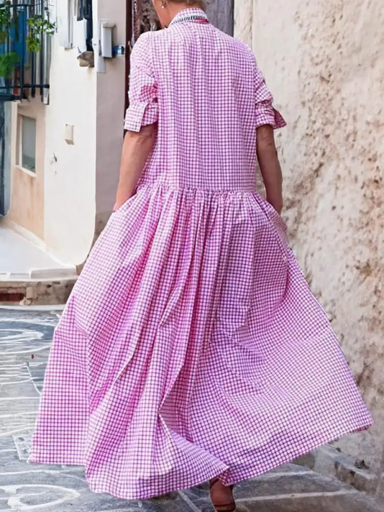 Uoozee Female Casual Fashion Plaid Pleated Lapel Shirts Dress Spring Autumn Long Sleeve Loose Going Out Vacation Maxi Dresses