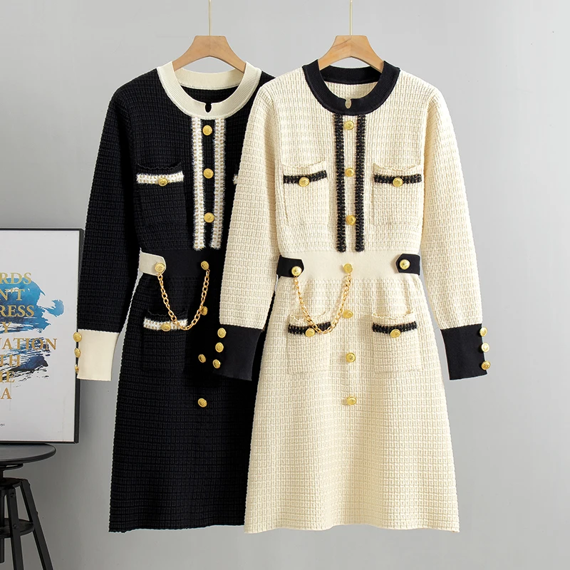 

Women Retro Knitted Solid O-Neck Long Sleeve Wrapped Hip Dress Autumn Winter Slim Sweater New Arrival 2025 Casual Clothes