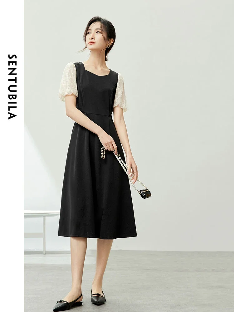 

SENTUBILA Elegant Lace Spliced Puff Sleeve Black Dress 2024 Summer Square Collar Short Sleeve A-line Midi Dresses 142L53927X