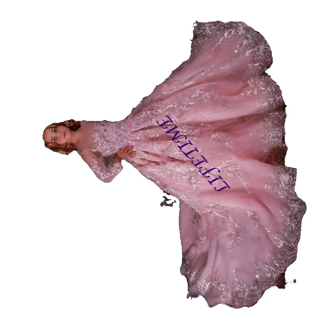 Luxury Pink Tulle Girls Pageant Dresses for Photo Shoot Customized Beads Kids Birthday Prom Gowns Feathers Children Dresses