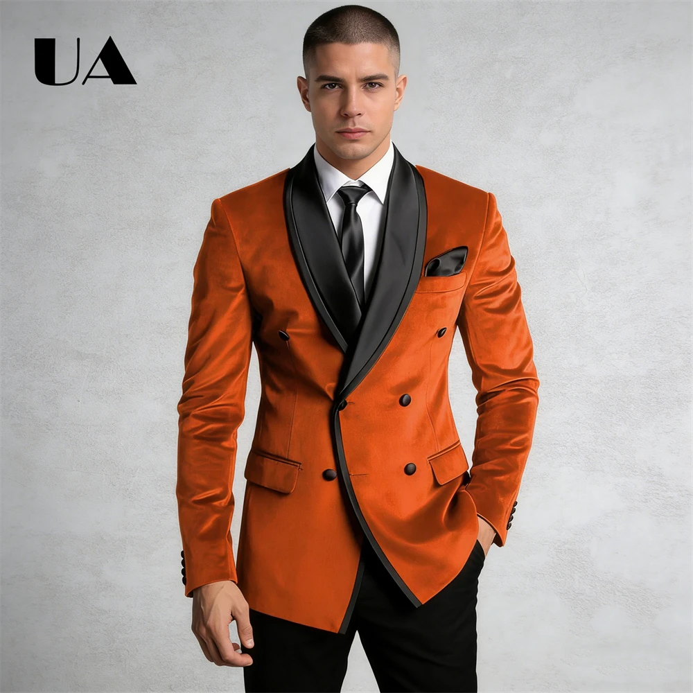 

ULBYANRY Trendy Velvet Suit Blazer for Men, Double-Breasted Suit Jacket with Black Shawl Collar Tailored Suit Jackets