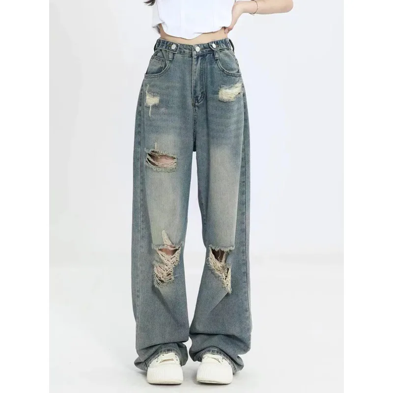 

Women's High Waist Straight Holes Distressed Jeans Loose Y2k Baggy Wide Leg Jeans For Women Streetwear Washed Denim Pants