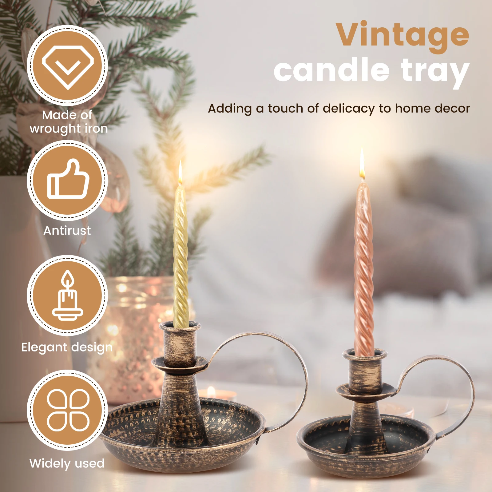 2Pcs Candle Holder Iron Taper Candle Stand with Curved Handle Retro Candlestick Holders Decorative for Home Wedding Party