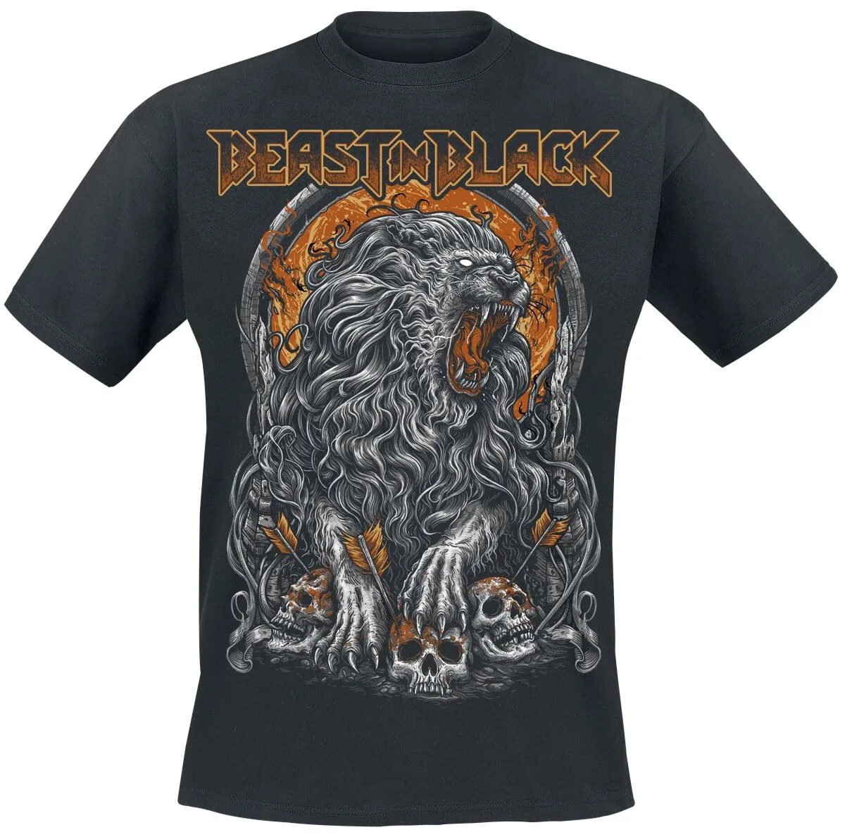 Camiseta Beast in Black Band Lion Skull Glory To The Beast dupla face, 100% algodão, casual, neutra, estilo Power Metal.
