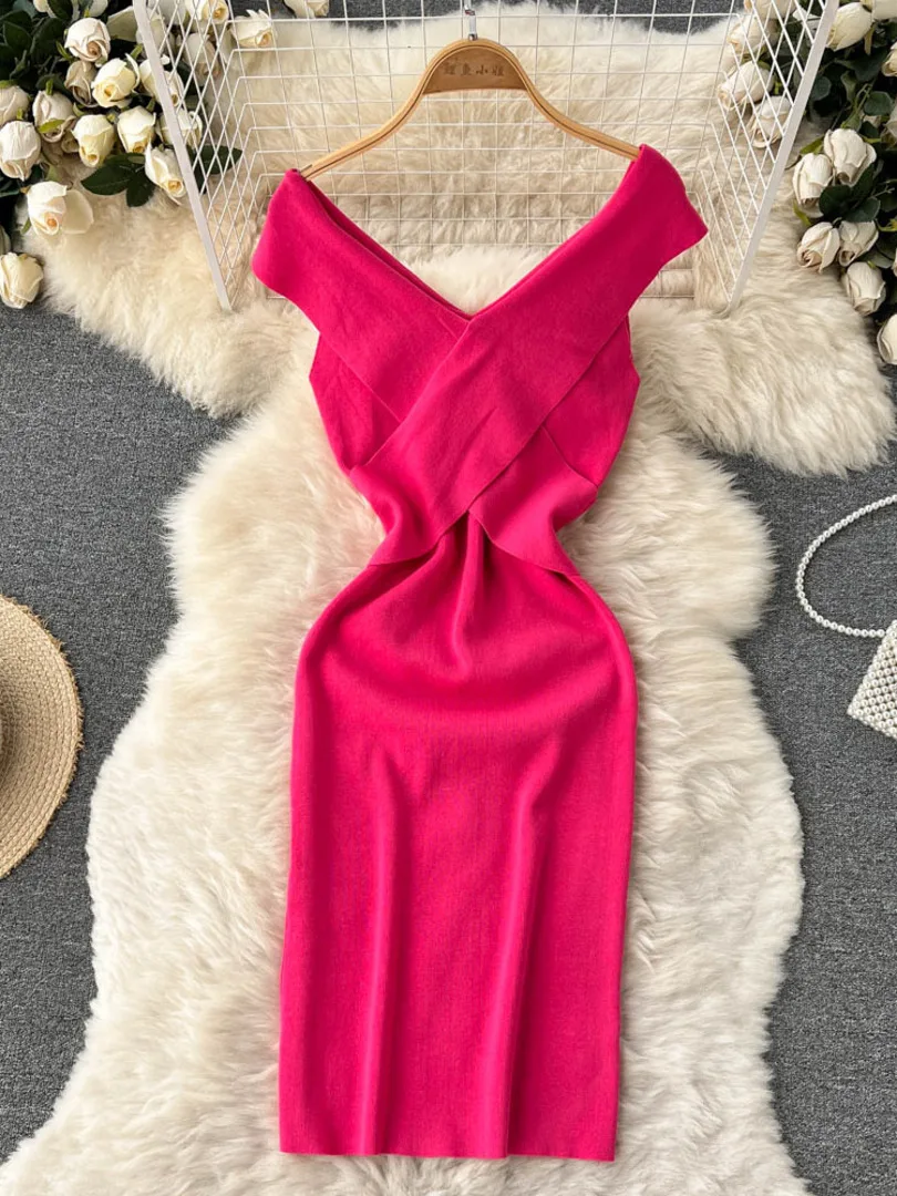 Vestido ajustado de punto para mujer, prenda sin mangas, cuello en V, entrecruzado, Sexy, coreano, Verano