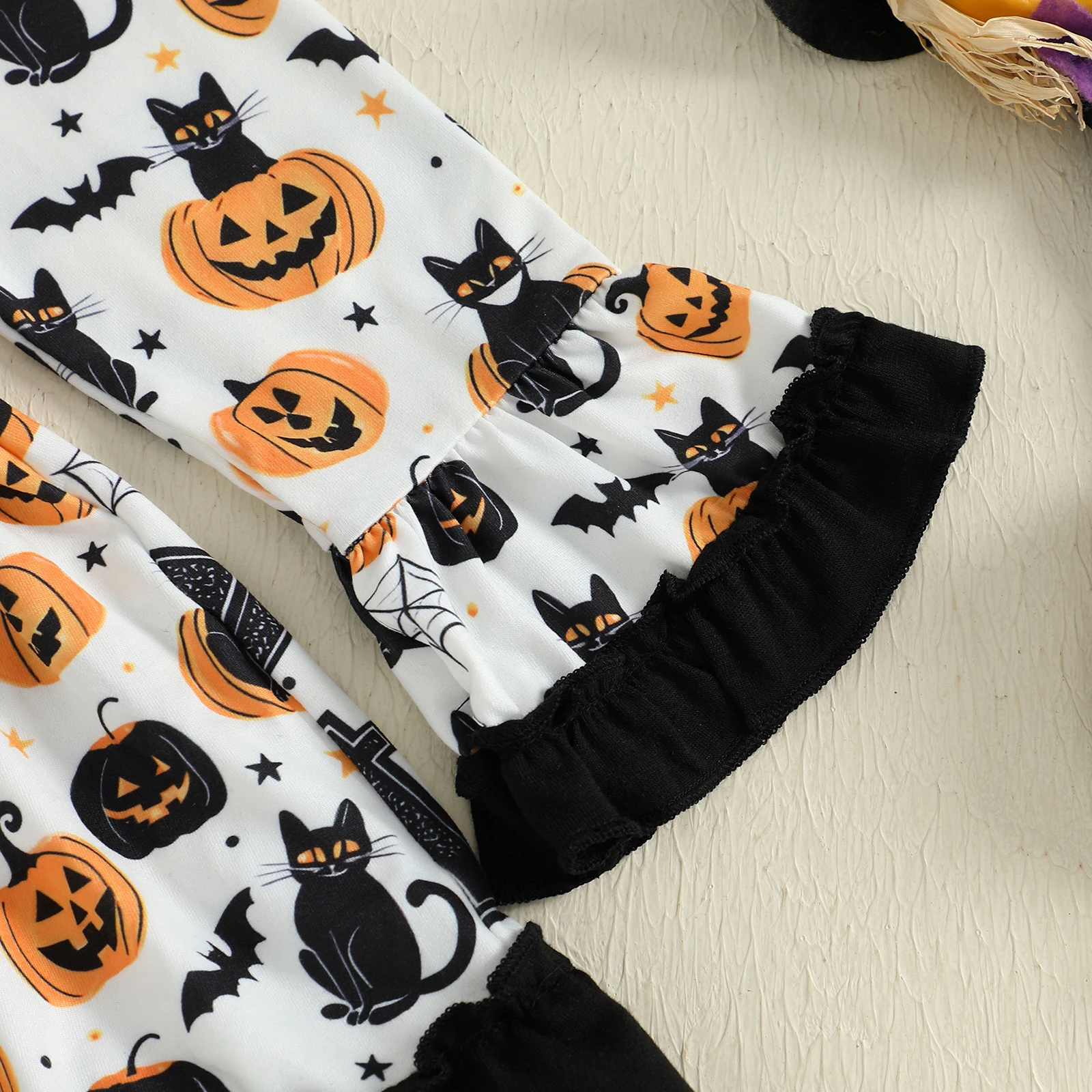 

1-8Y Toddler Girl Halloween A Line Dress Pumpkin Black Cat Print Round Neck Long Sleeves Ruffled Dress
