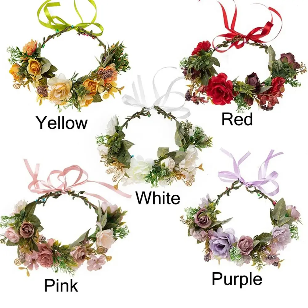 Rose Flower Crown Bohemian Flower Headband Green Leaf Floral Headpiece Hair Wreath Headwear for Festival Wedding