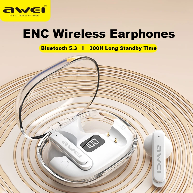 Awei T86 ENC Noise Canceling Earphones Wireless Bluetooth Earbuds HiFi Stereo Headphones with Digital Display Charging Case