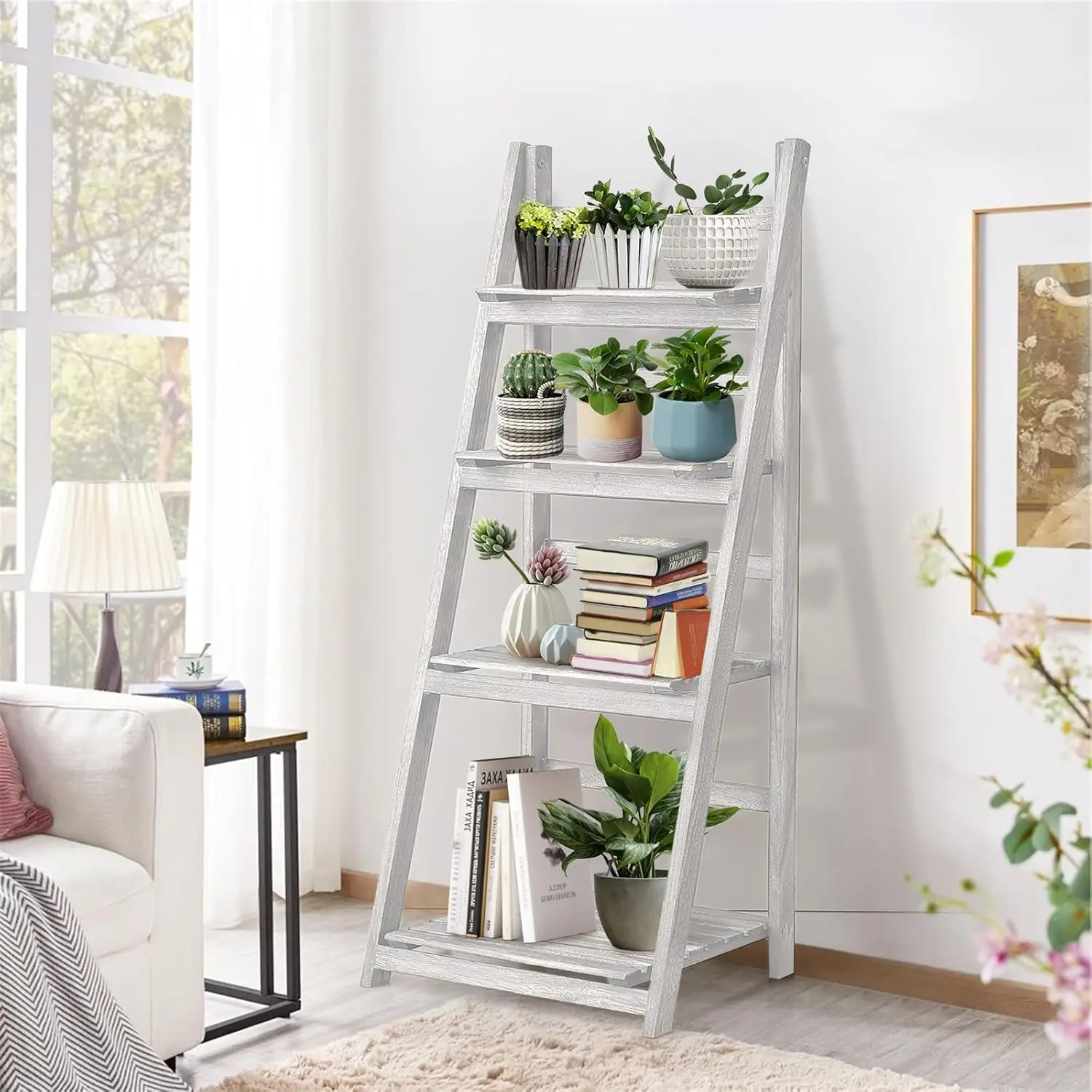 

Shelf, Wooden Ladder Shelf Industrial 4 Tier Bookshelf Ladder Shelves Rustic Foldable Freestanding Plant Stand, So