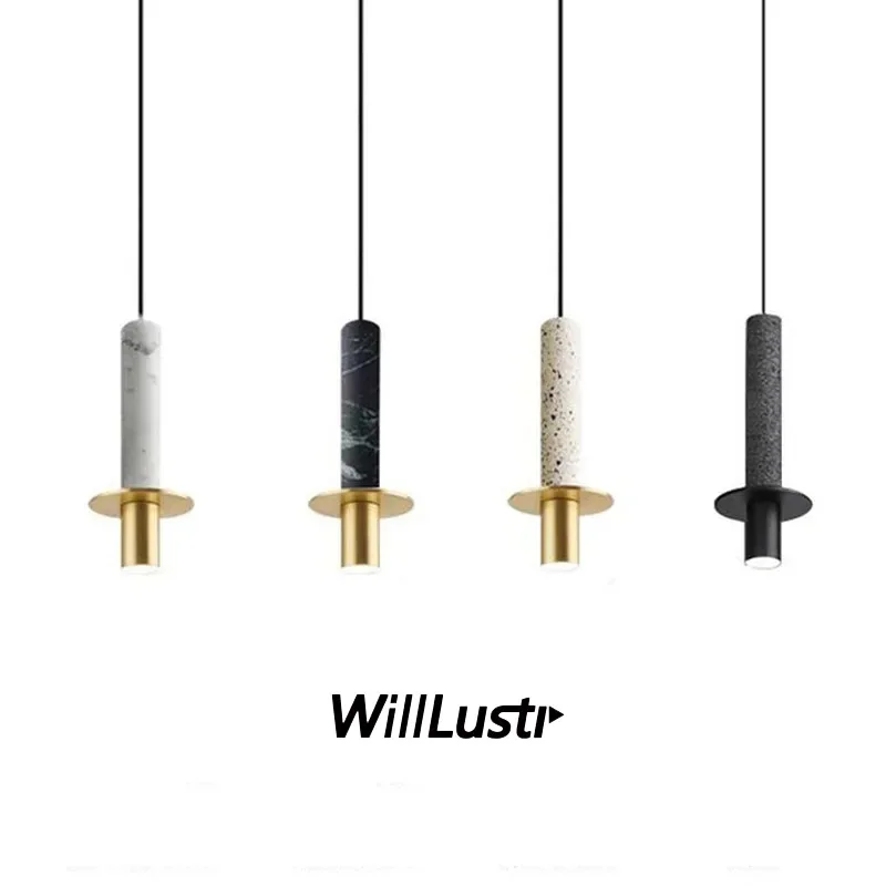 

Marble Pendant Lamp Cylindrical Terrazzo Suspension Light Hotel Bar Cafe Living Dining Bedroom Metal Hanging Ceiling Chandelier