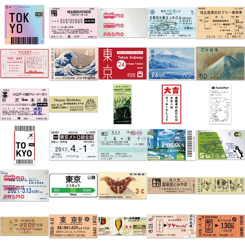 60PCS Japanese Postcard Ticket INS Style Stamp Sticker Stationery Travel Diary Luggage Waterproof Helmet Stickers