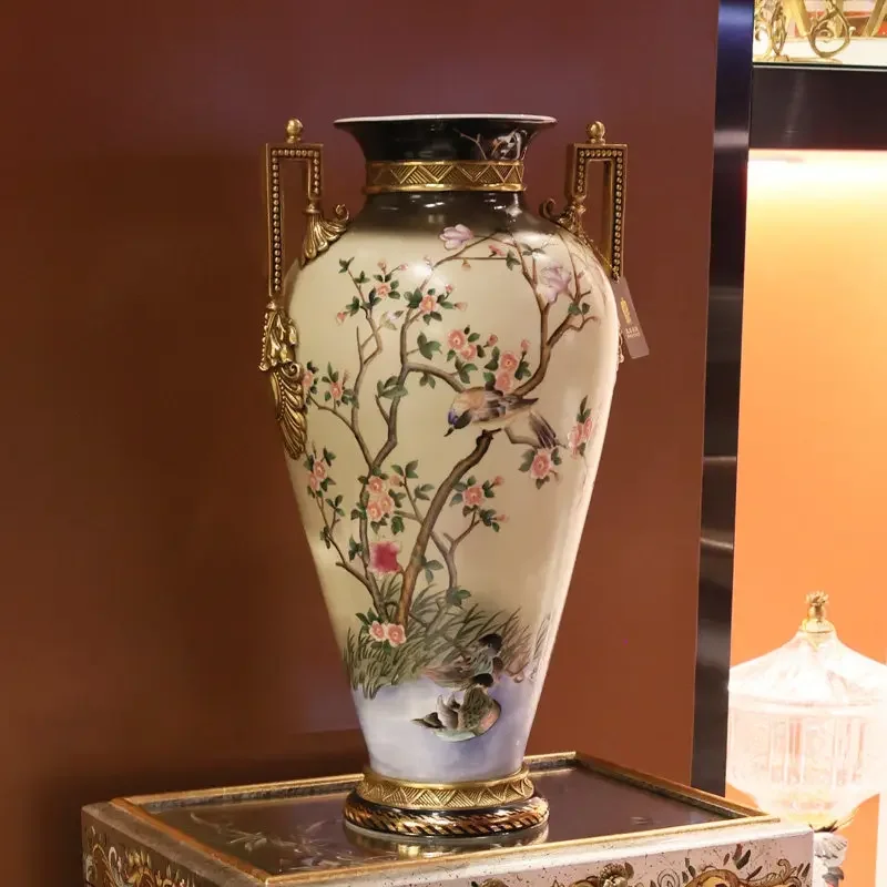 Yjq3 European exquisite art hand-painted flowers and birds ceramic inlaid copper vase table decoration ornament