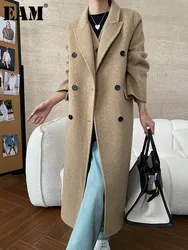 [EAM] 70% Wool Yellow Big Size Long Warm Woolen Coat New Lapel Long Sleeve Women Jacket Fashion Tide Autumn Winter 2024 1DH7893