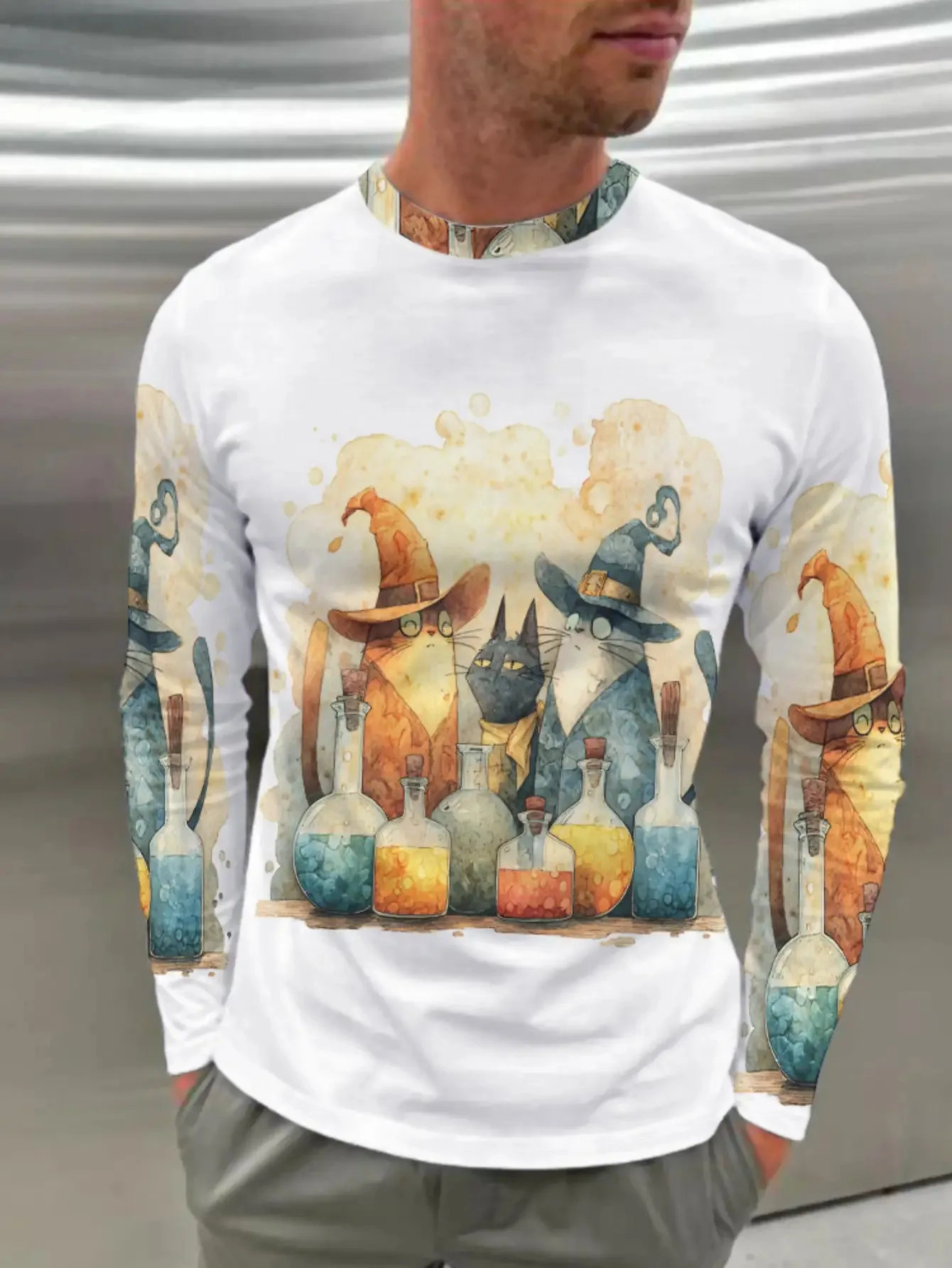 Men Long Sleeve T‑Shirt Wizard Cat Magic Potion Watercolor 3D Print Halloween Art Casual Top